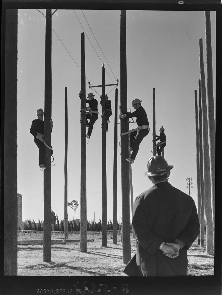 Fotos para la historia: Grupo de trabajadores subidos en postes de luz equipados con materia de seguridad