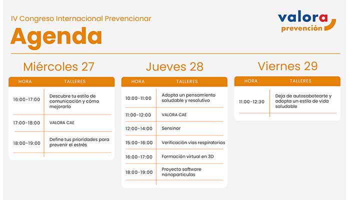 Agenda de talleres y actividades en el stand de Valora Prevención en el Congreso Internacional Prevencionar