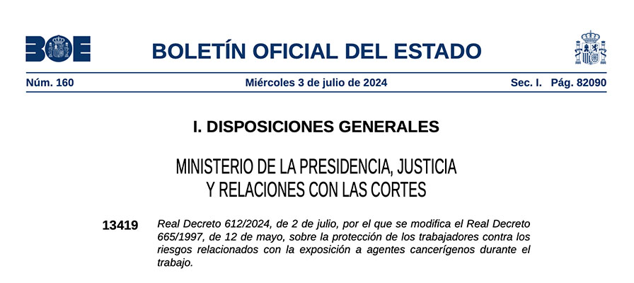 Real Decreto 612/2024, sobre la protección de los trabajadores contra los riesgos relacionados con la exposición a agentes cancerígenos durante el trabajo
