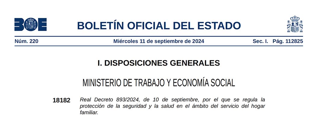 Real Decreto 893/2024, por el que se regula la protección de la seguridad y la salud en el ámbito del servicio del hogar familiar